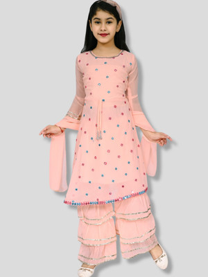 SVM FASHION Girls Festive & Party Kurta and Palazzo Set(Pink Pack of 1)