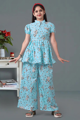 JK Creation Girls Festive & Party Kurta and Palazzo Set(Light Blue Pack of 1)
