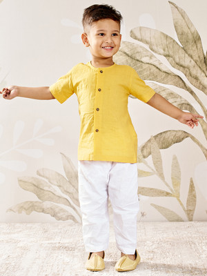 VASTRAMAY Boys Festive & Party Kurta and Pyjama Set(Yellow Pack of 1)