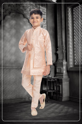 Smuktar garments Baby Boys Casual, Festive & Party, Wedding Kurta, Waistcoat and Pyjama Set(Orange Pack of 1)