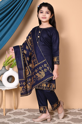 hallokidzz Girls Festive & Party Kurta, Pyjama & Dupatta Set(Blue Pack of 1)