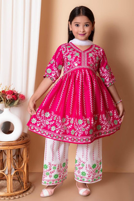 FIRST DREAM Girls Festive & Party Kurta, Pyjama & Dupatta Set(Pink Pack of 1)