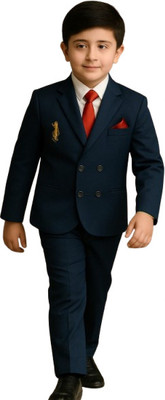 PR Fashion Boys Festive & Party Blazer and Pant Set(Blue Pack of 1)