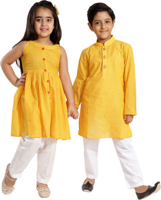 VASTRAMAY Boys Festive & Party Kurta and Pyjama Set(Yellow Pack of 1)