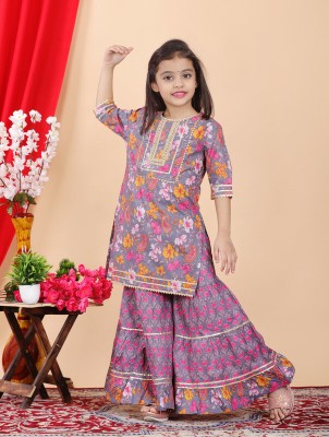 FlyFinns Girls Festive & Party Kurta and Palazzo Set(Pink Pack of 1)