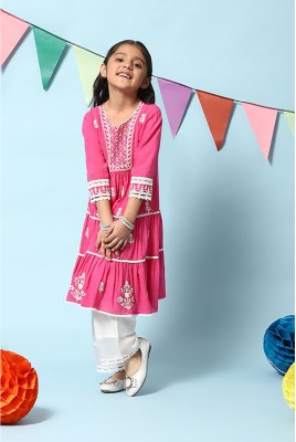 BIBA Girls Festive & Party Kurta and Palazzo Set(Pink Pack of 2)