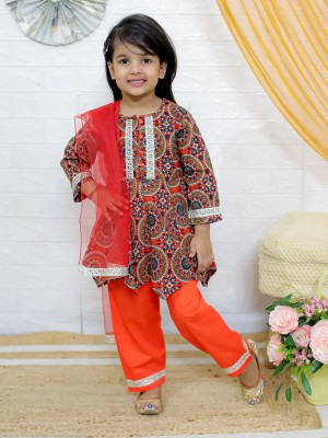 Junitos Girls Wedding, Festive & Party Kurta, Pyjama & Dupatta Set(Orange Pack of 1)