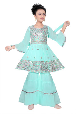 CLOTH ADDA Girls Festive & Party Angarkha and Sharara Set(Blue Pack of 1)