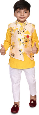 Elegant Attire Boys Festive & Party Kurta, Waistcoat and Pyjama Set(Yellow Pack of 1)