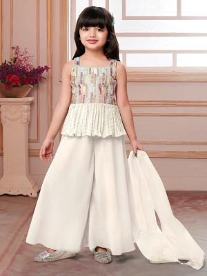 Tulsi Creation Girls Wedding Kurta and Palazzo Set(White Pack of 1)