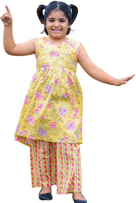 Utsaw Girls Festive & Party Angarkha and Sharara Set(Yellow Pack of 1)