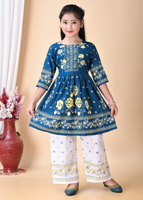 ITC FASHION Girls Festive & Party Kurta and Palazzo Set(Blue Pack of 1)