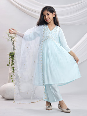 MisBis Girls Festive & Party Kurta, Pyjama & Dupatta Set(Light Blue Pack of 1)