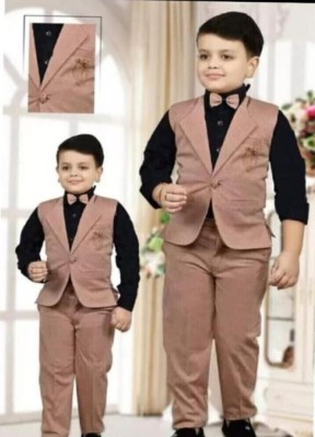 vkreation Boys Festive & Party, Wedding Blazer, Shirt and Trouser Set(Pink Pack of 1)