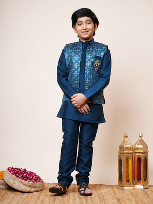 BT DEZINES Boys Festive & Party, Wedding Kurta, Waistcoat and Pyjama Set(Blue Pack of 1)