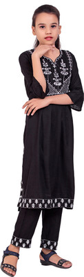 X-Night Girls Festive & Party Kurta, Churidar & Dupatta Set(Black Pack of 1)