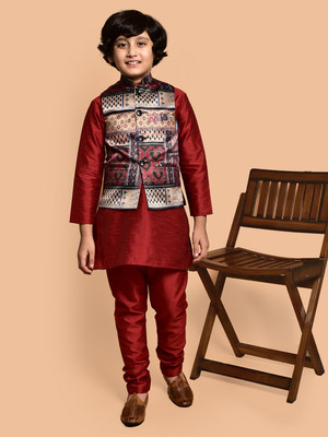 PRINTCULTR Boys Festive & Party Kurta, Waistcoat and Pyjama Set(Red Pack of 3)
