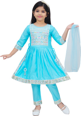 BISAL Girls Festive & Party Kurta and Pyjama Set(Blue Pack of 1)