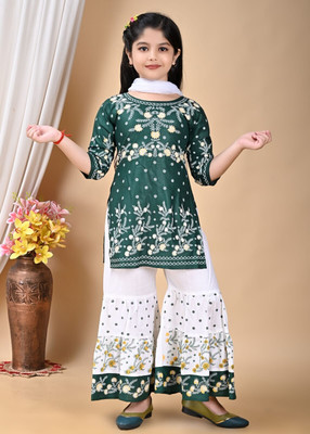 ITC FASHION Girls Festive & Party Kurta and Palazzo Set(Dark Green Pack of 1)