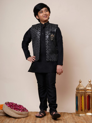 BT DEZINES Boys Festive & Party, Wedding Kurta, Waistcoat and Pyjama Set(Black Pack of 1)