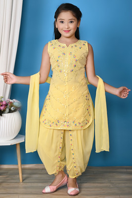 Padosi Girls Festive & Party Kurti, Patiala and Dupatta Set(Yellow Pack of 1)