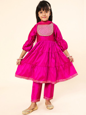 A.T.U.N. Girls Festive & Party Kurta, Pyjama & Dupatta Set(Pink Pack of 1)
