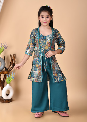 AB MULLICK DRESSES Girls Festive & Party Ethnic Jacket, Blouse and Palazzo Set(Multicolor Pack of 1)