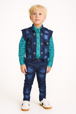 BABUSHONA Boys Wedding Shirt, Waistcoat and Pant Set(Blue Pack of 1)