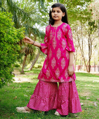 Advik Girls Festive & Party Angarkha and Sharara Set(Pink Pack of 1)