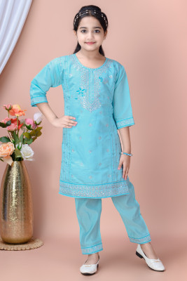 psenterprises Girls Festive & Party Kurta and Pyjama Set(Light Blue Pack of 1)