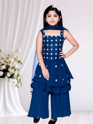 MODINA ENTERPRISE Baby Girls Festive & Party Kurta, Pyjama & Dupatta Set(Blue Pack of 1)