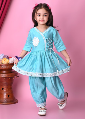 KGNDR Girls Festive & Party Kurta and Pyjama Set(Light Blue Pack of 1)