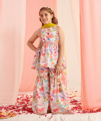 Pspeaches Girls Festive & Party Kurta, Pyjama & Dupatta Set(Multicolor Pack of 1)