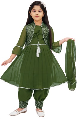 JULIO Girls Casual Kurta, Pyjama & Dupatta Set(Green Pack of 1)