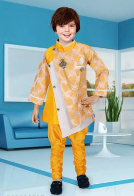 Funnyboo Boys Festive & Party Sherwani and Churidar Set(Yellow Pack of 1)