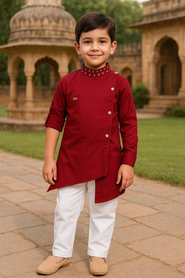FASHION GRAB Baby Boys Casual Kurta and Pyjama Set(Maroon Pack of 1)
