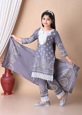 TIKTOK FASHION Girls Festive & Party Kurta, Churidar & Dupatta Set(Grey Pack of 1)