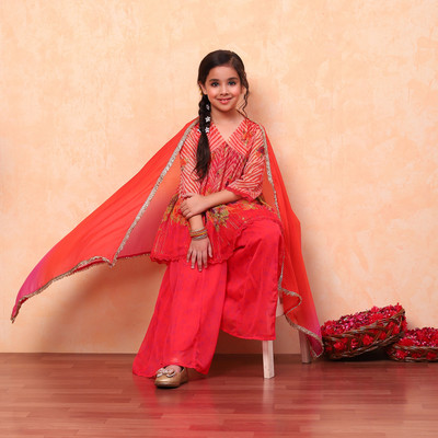 BIBA Girls Casual Kurta and Palazzo Set(Orange Pack of 1)
