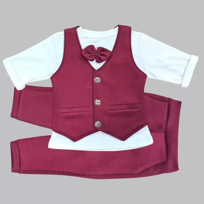 HouseOfCommon Baby Boys Festive & Party Shirt, Waistcoat and Pant Set(Maroon Pack of 4)
