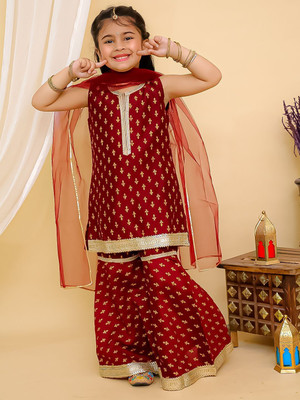 Superminis Girls Festive & Party Kurta and Palazzo Set(Maroon Pack of 1)