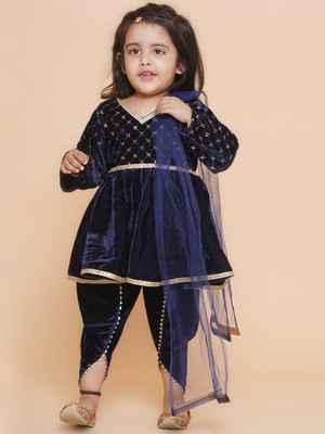 MK LASKAR FASHION Baby Girls Festive & Party Angarkha, Dhoti & Dupatta Set(Dark Blue Pack of 1)