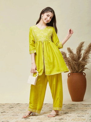 Curly Tales Girls Festive & Party Kurta and Palazzo Set(Yellow Pack of 1)