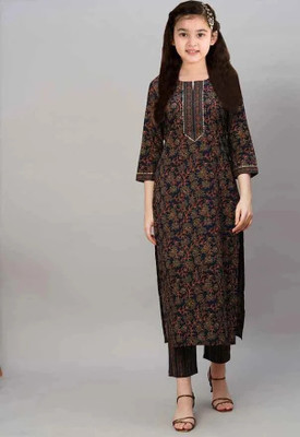 Various Vault Girls Casual Kurta and Pyjama Set(Brown Pack of 1)