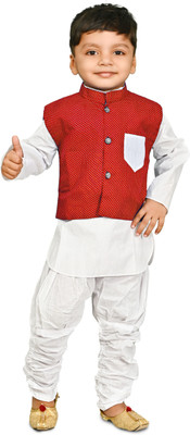 carrydreams Boys Festive & Party Kurta, Waistcoat and Pyjama Set(Red Pack of 1)
