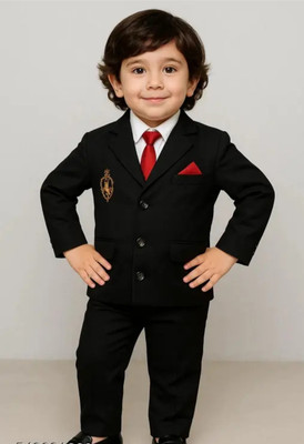 Anishka Enterprises Boys Festive & Party, Wedding Blazer, Shirt and Trouser Set(Black Pack of 1)