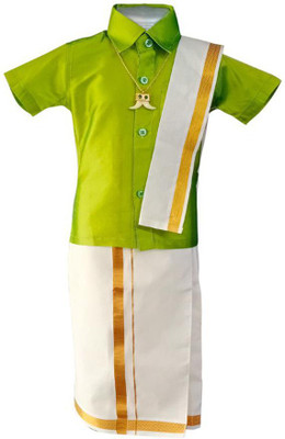 Kuttys Collection Boys Festive & Party Dhoti, Shawl and Shirt Set(Green Pack of 1)