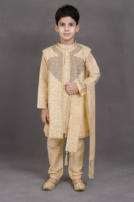 Unique Fort Boys Festive & Party Sherwani and Churidar Set(Gold Pack of 1)