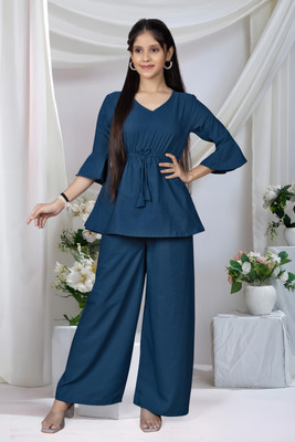 MKCloth Girls Festive & Party Kurta and Palazzo Set(Blue Pack of 1)