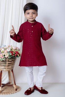 SelfiCollection Boys Festive & Party Kurta and Churidar Set(Red Pack of 1)
