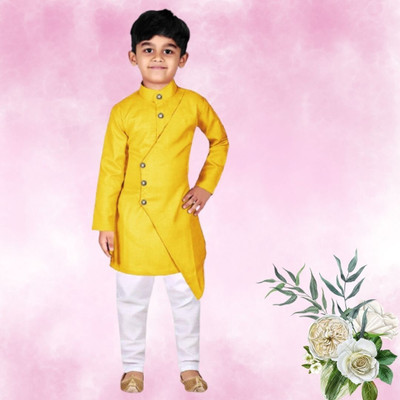VDC CREATIONS Baby Boys Festive & Party Kurta and Pyjama Set(Yellow Pack of 1)